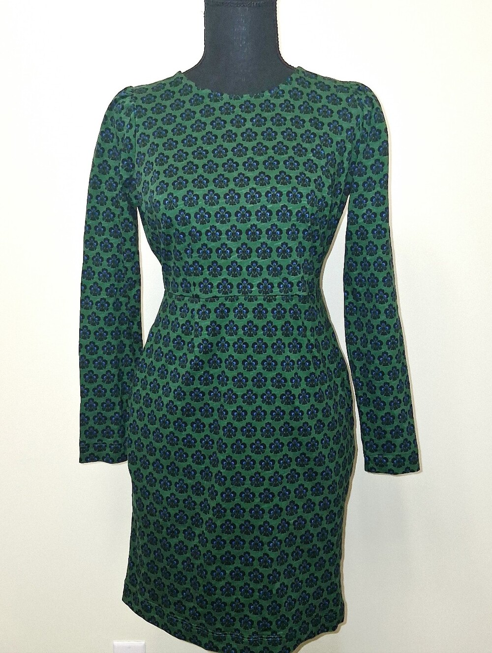 Boden Penelope Jersey Green and Navy Long-Sleeve Floral Dress With Pockets 6P
